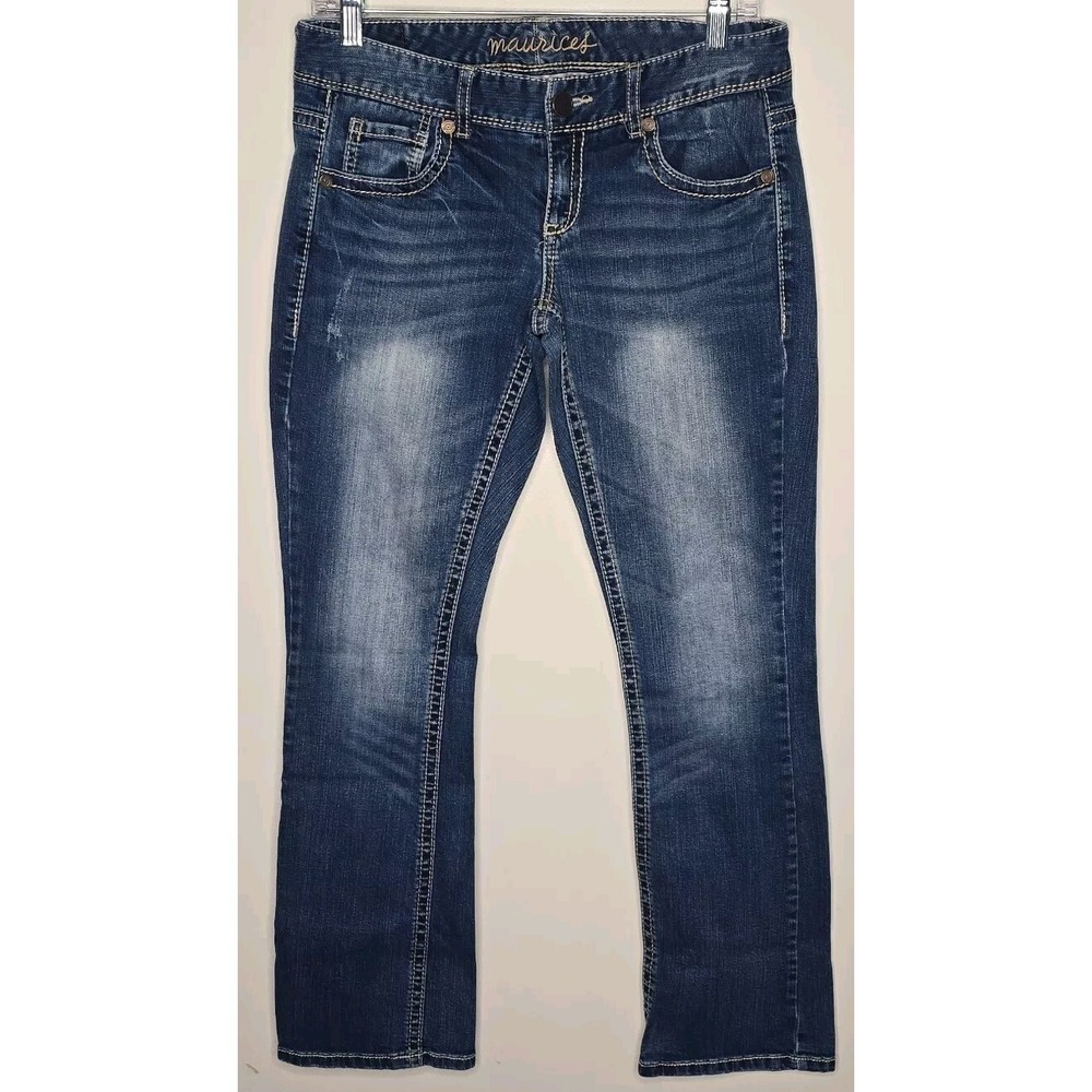 Maurices Juniors Straight Jeans Low Rise Medium Wash Thick Stitch Blue 3/4 Short